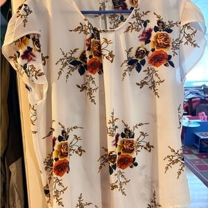 SHEIN White Floral Blouse with Orange and Brown Accents